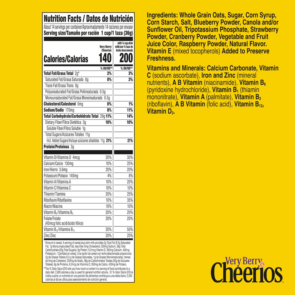 Cheerios Very Berry packaging box on shelf, gluten-free breakfast option for the family.