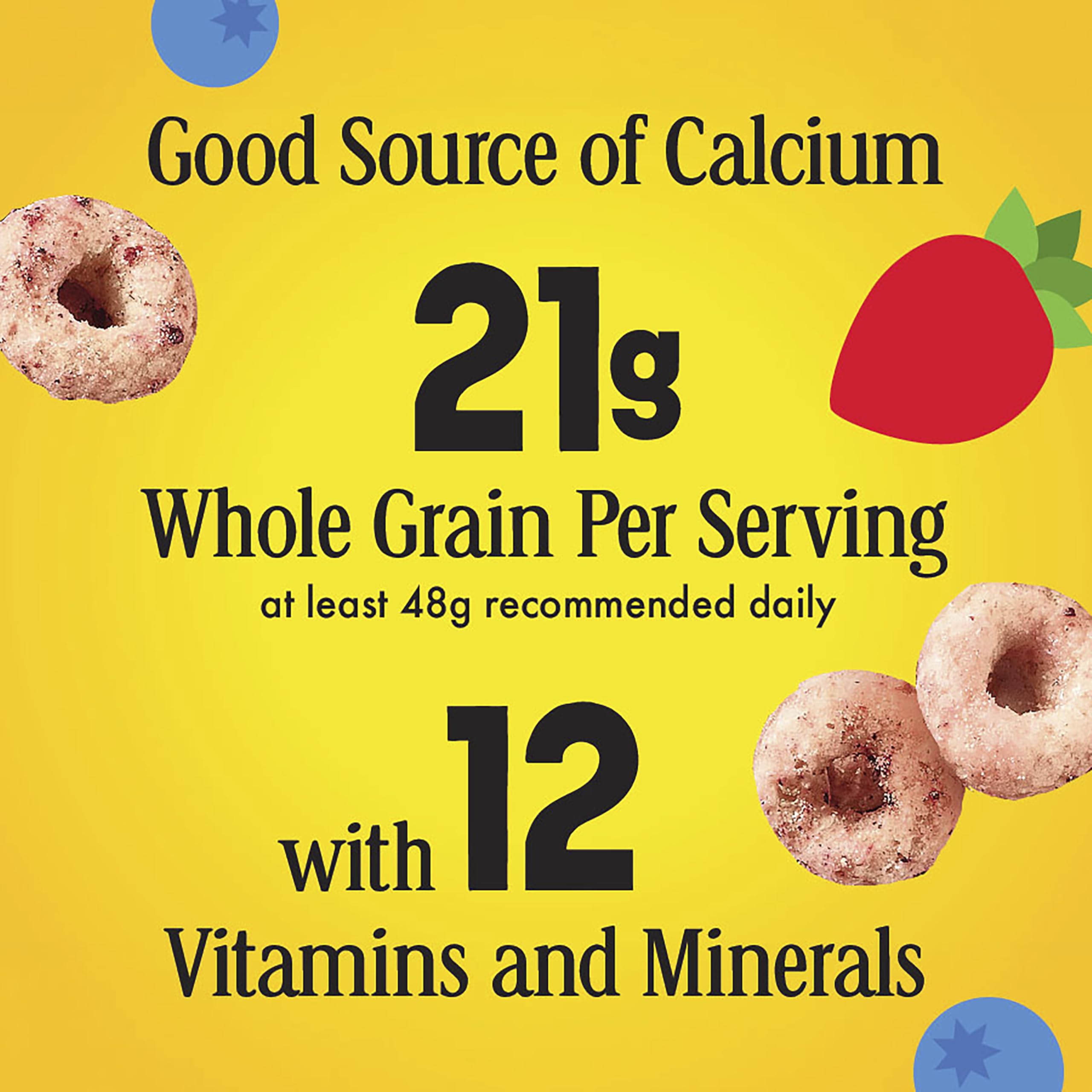 Cheerios Very Berry nutrition facts graphic, calcium and vitamins plus 21g whole grain.