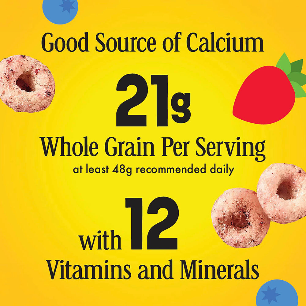 Cheerios Very Berry nutrition facts graphic, calcium and vitamins plus 21g whole grain.