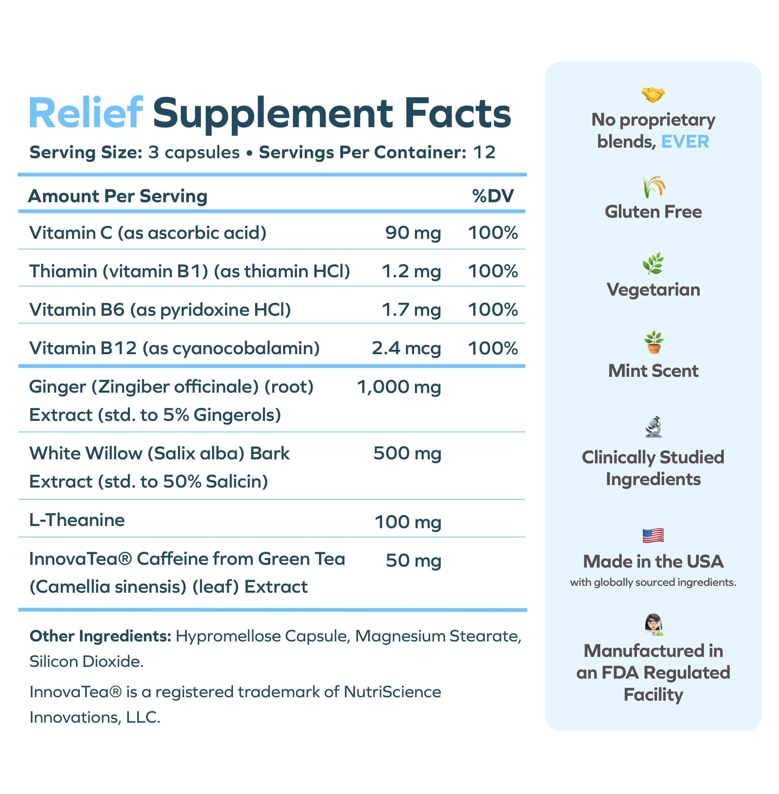 Cheers Relief bottle highlighting natural caffeine for a gentle morning lift