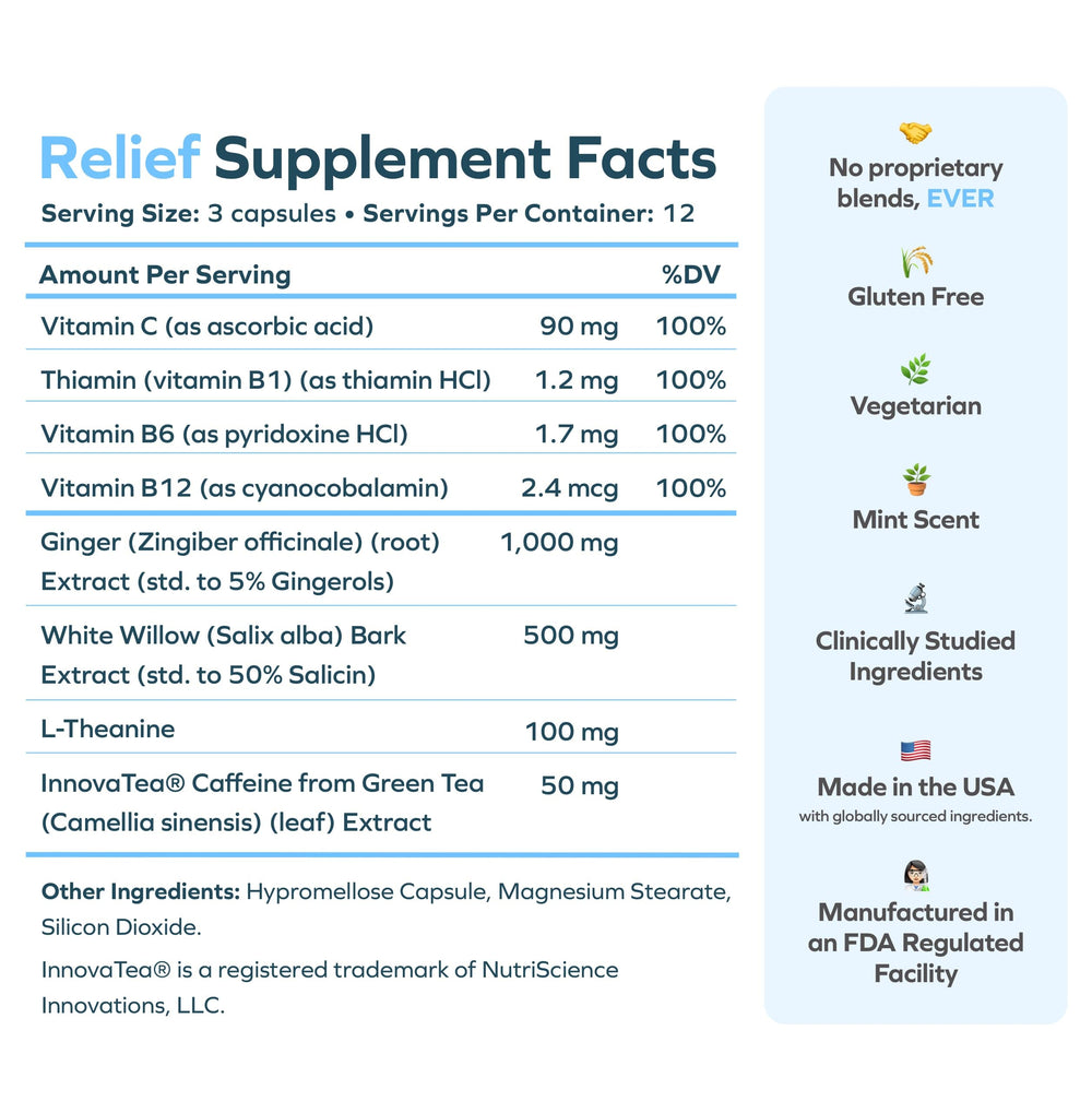 Cheers Relief bottle highlighting natural caffeine for a gentle morning lift