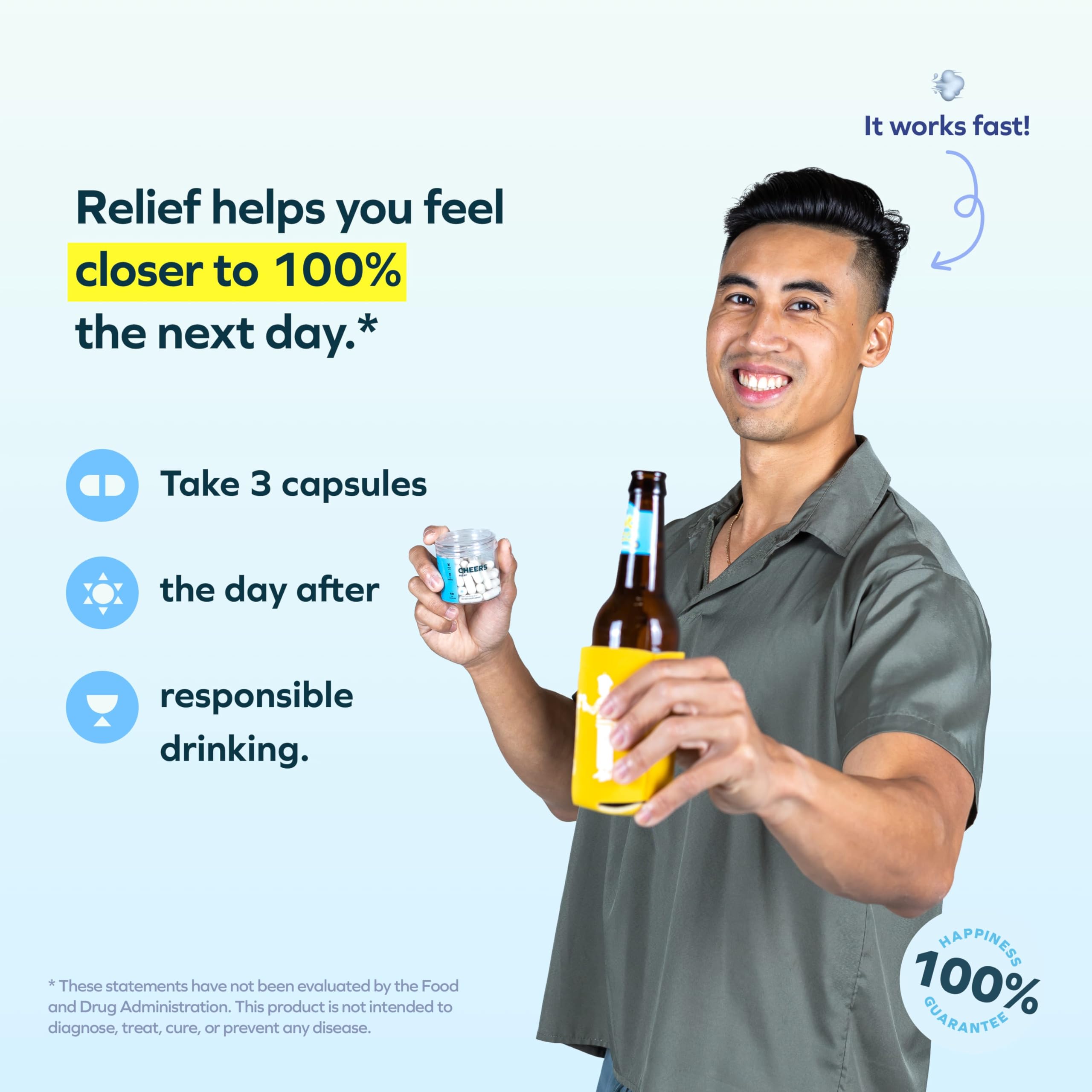 Cheers Relief bottle featuring white willow bark capsules for everyday wellness