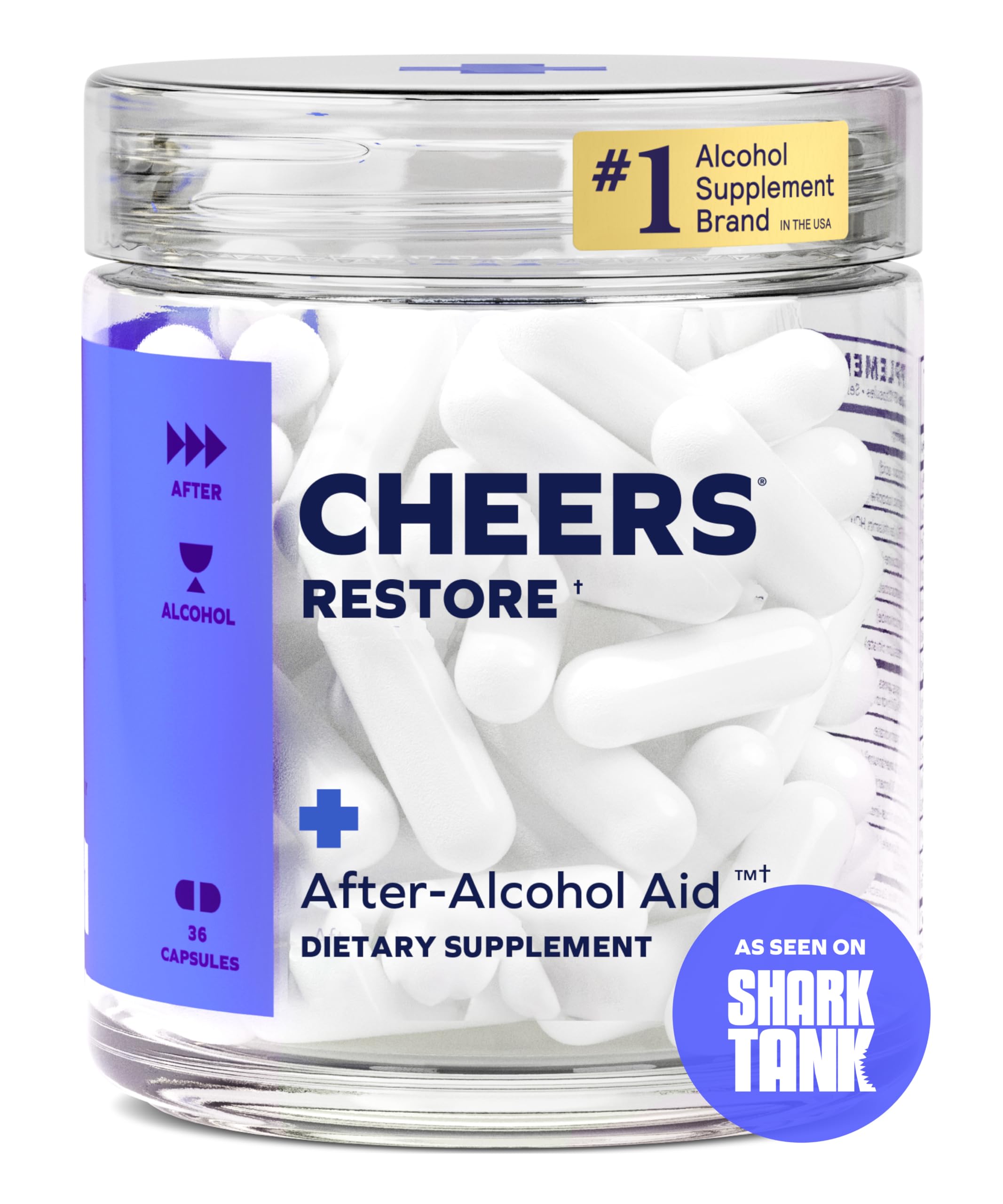 Cheers Restore bottle-front-label highlights DHM and cysteine for potential next-day comfort