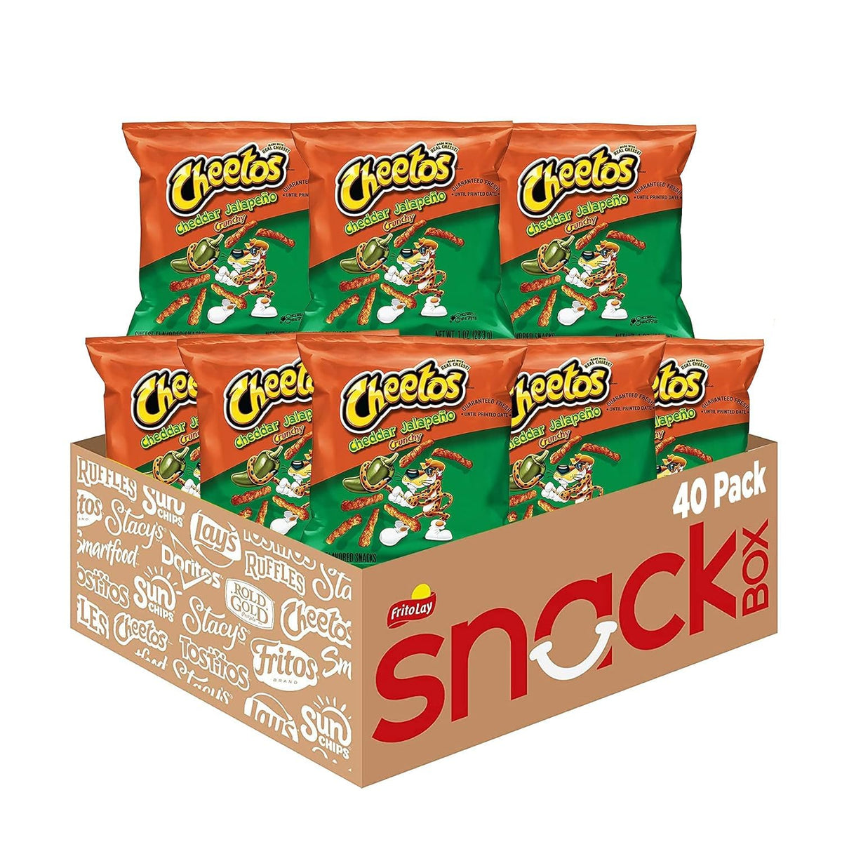 Cheetos cheddar jalapeño crunchy snack bags in a 40-pack for easy on-the-go snacking