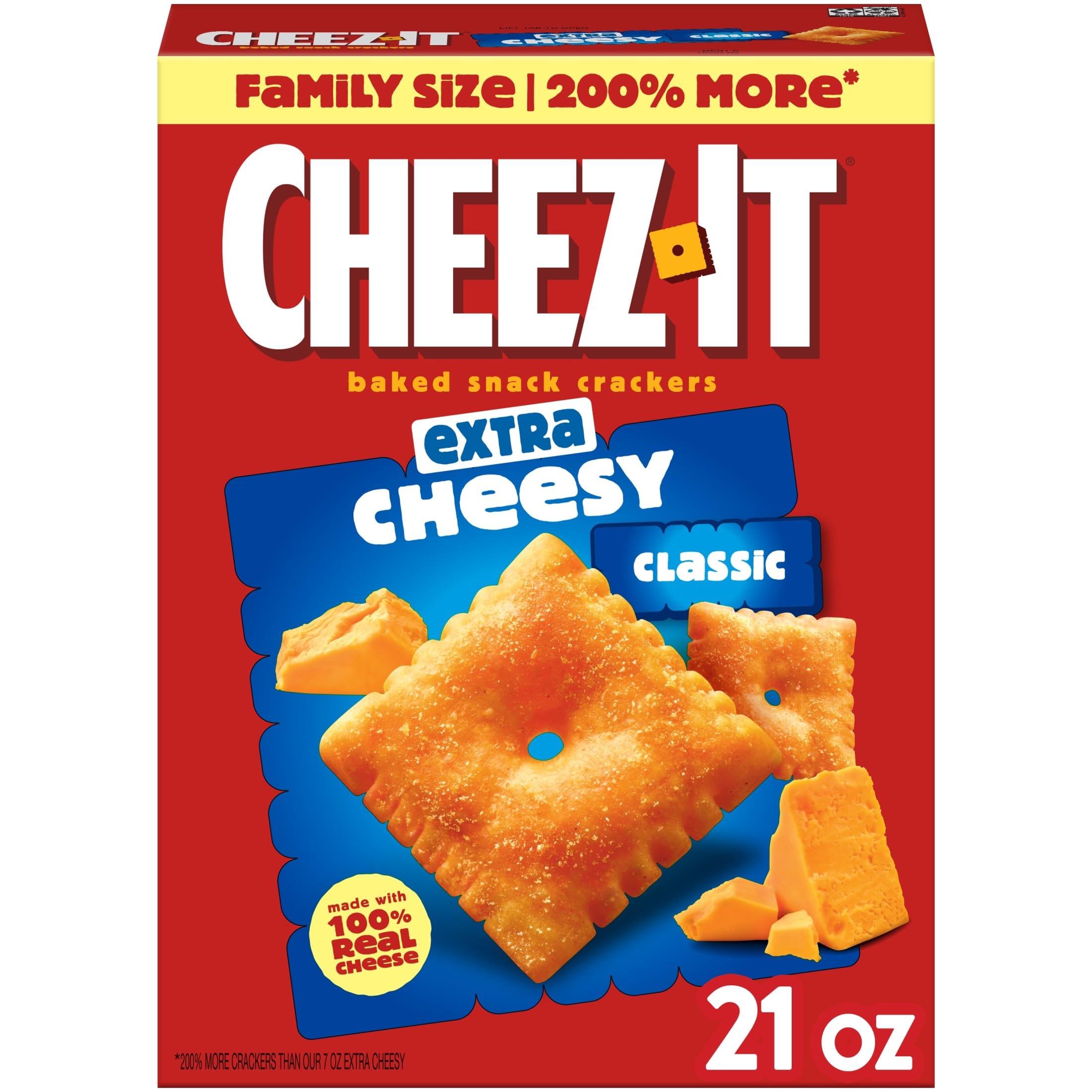 Cheez-It Extra Cheesy crackers in a 21oz box, perfect for family snacking.