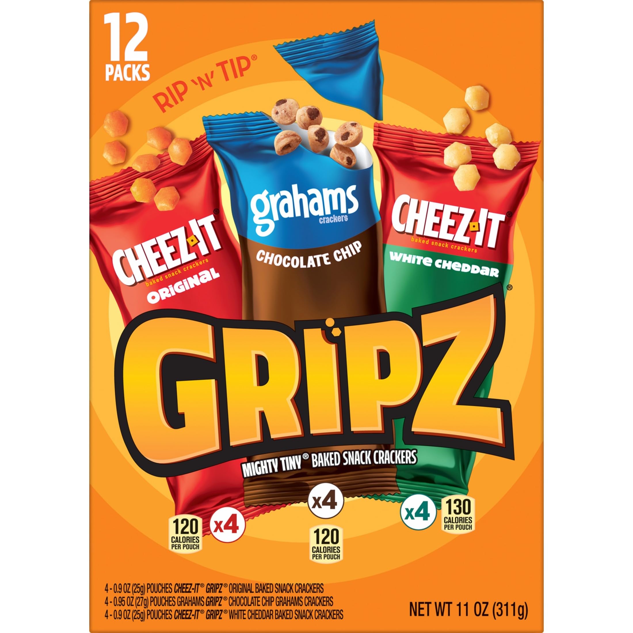 Cheez-It Gripz 11oz box with 12 pouches keeps snacks organized and accessible.