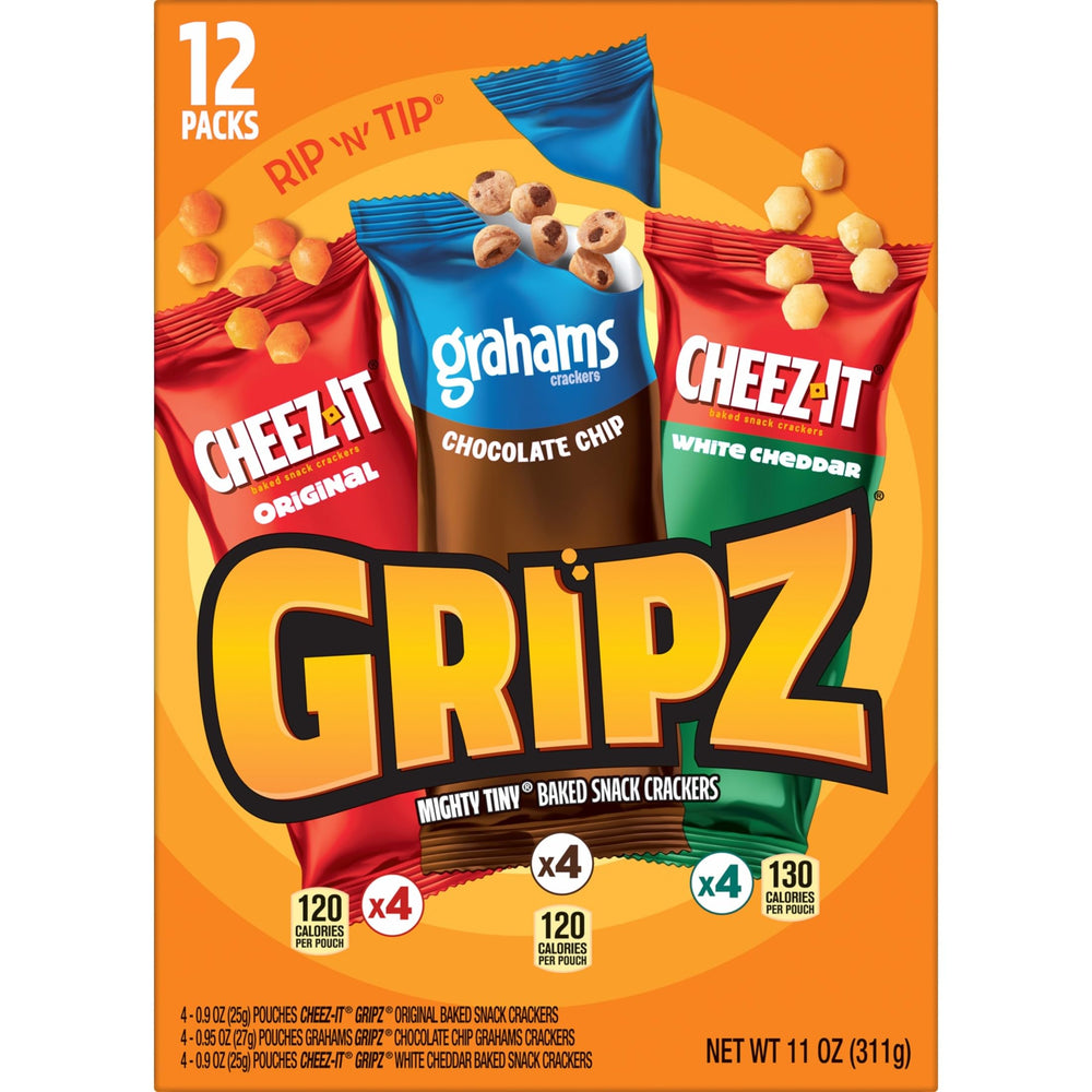 Cheez-It Gripz 11oz box with 12 pouches keeps snacks organized and accessible.