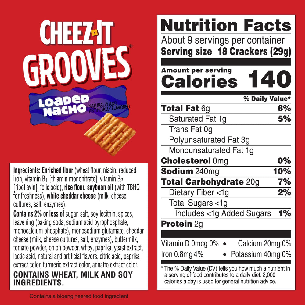 Close-up of Cheez-It Grooves Loaded Nacho showing 100% real cheese and nacho flavor