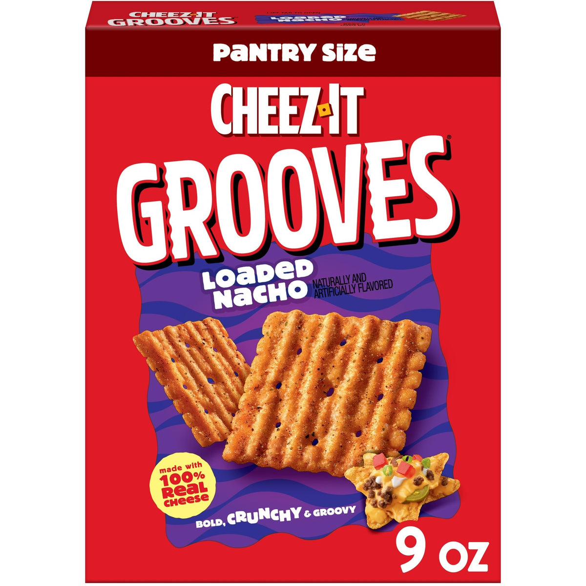 Cheez-It Grooves Loaded Nacho crackers with bold ridges and cheese, perfect for quick bites