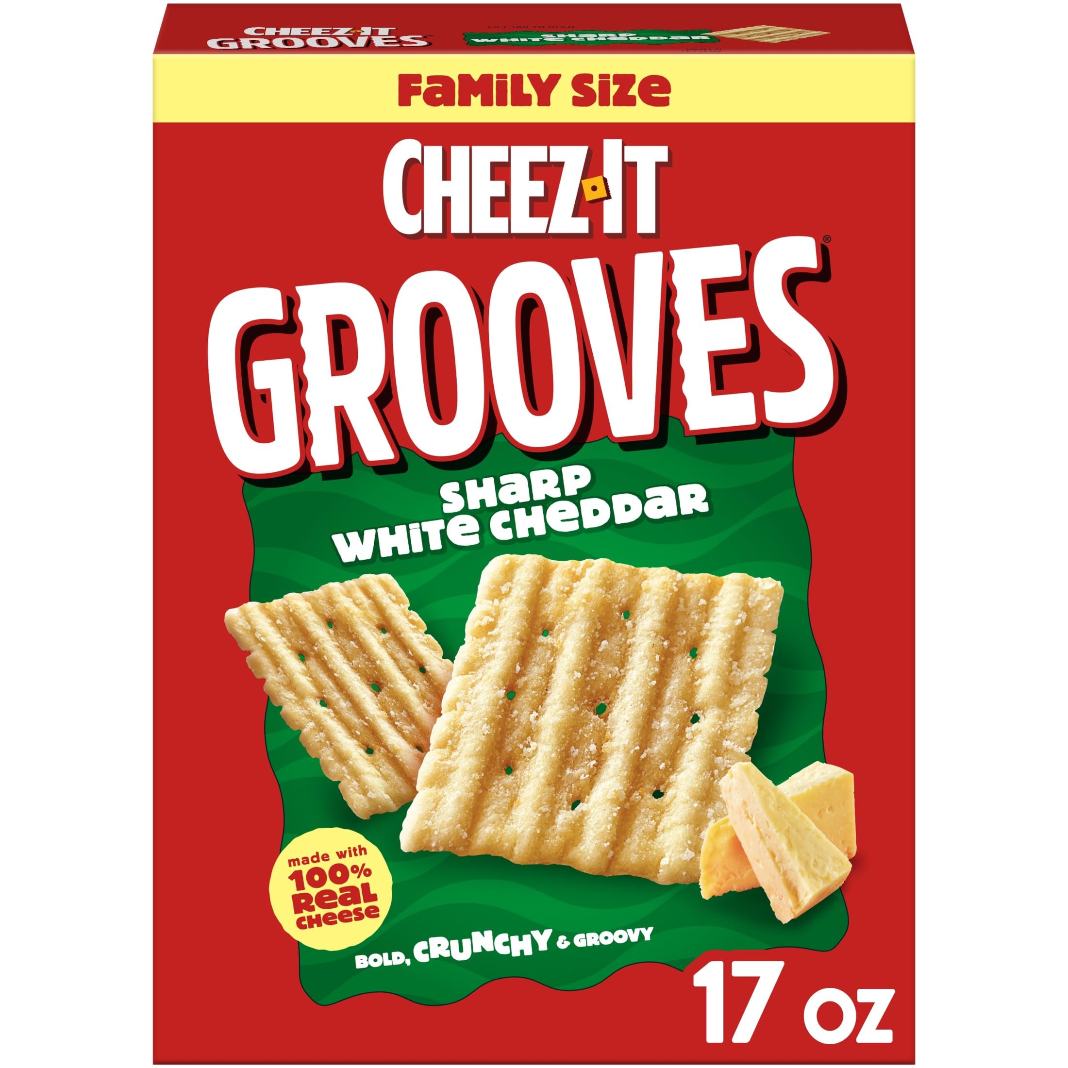 Cheez-It Grooves Sharp White Cheddar crackers in a box, bold flavor ready to enjoy.