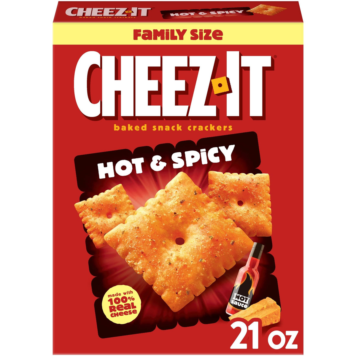 Cheez-It Hot and Spicy crackers close-up reveals bold cheese flavor and fiery crunch.