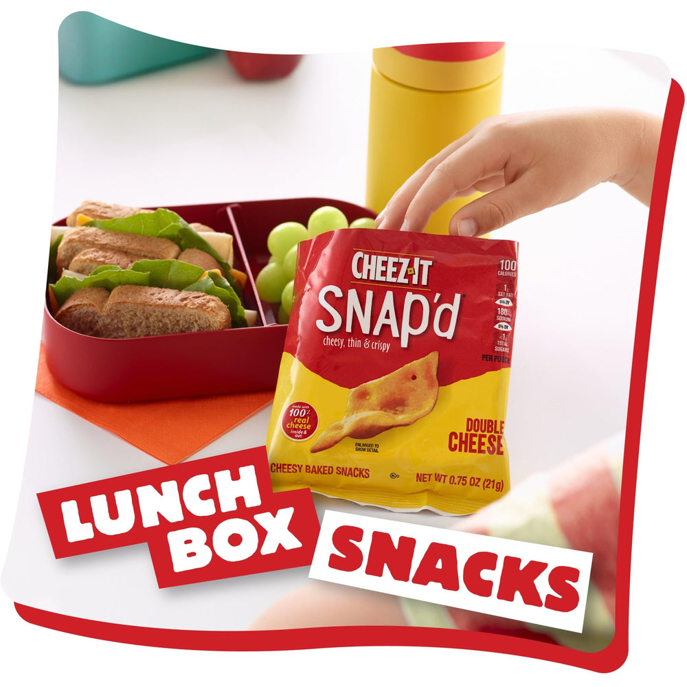 Cheez-It Snap'd Double Cheese close look at crackers on the counter.