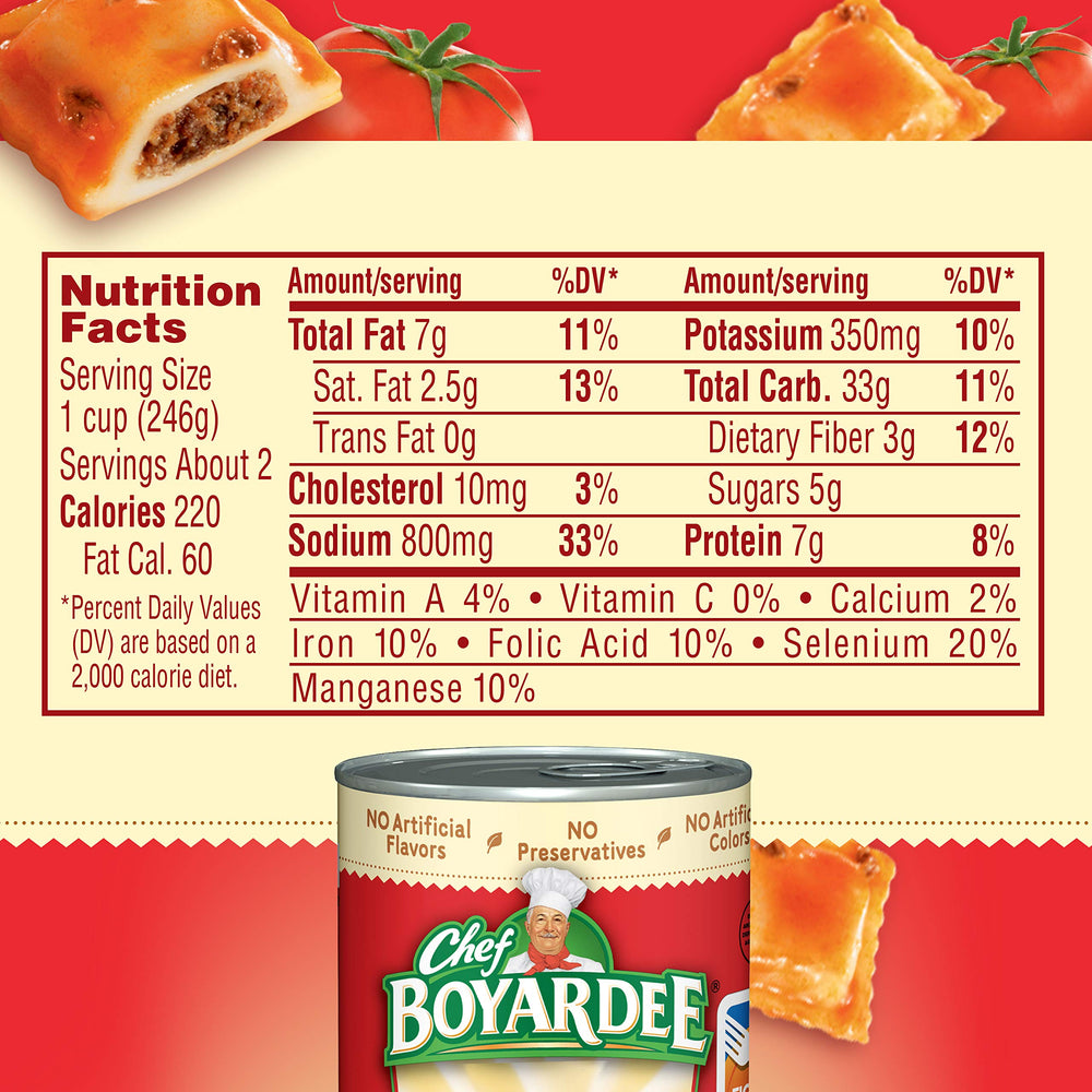 Chef Boyardee Beef Ravioli easy-open lid, convenient meal ready in moments.