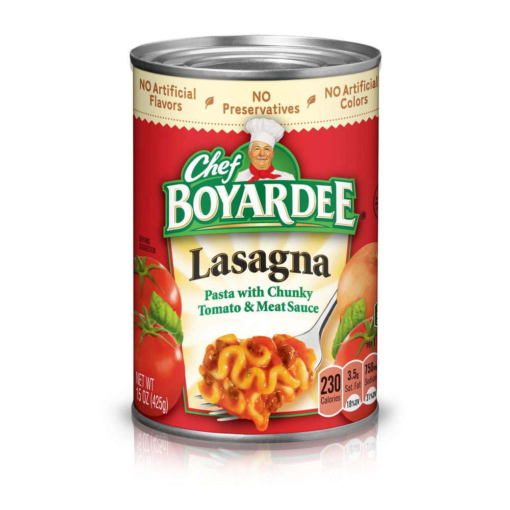 Packaging of Chef Boyardee Lasagna signals quick family meals