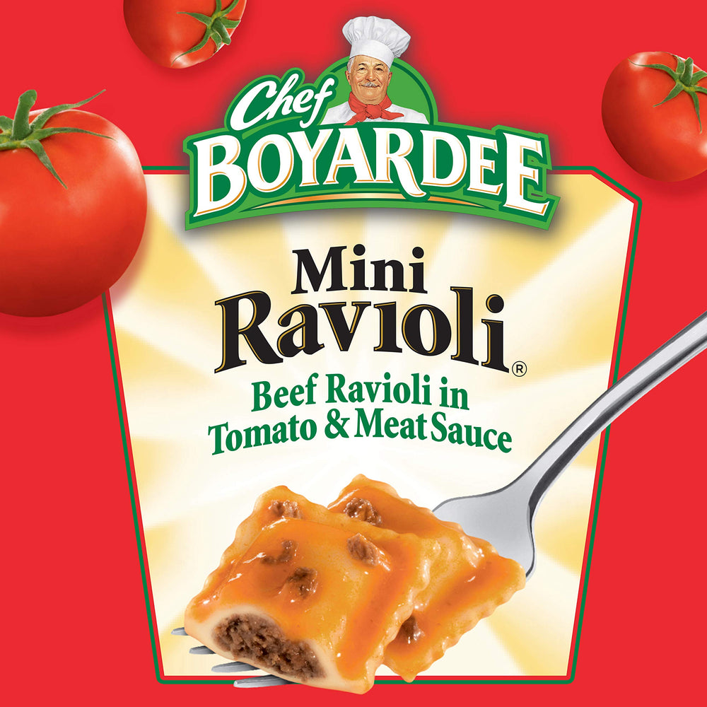 Chef Boyardee Mini Ravioli close-up of tomato sauce, Italian-inspired flavor.
