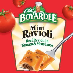 Chef Boyardee Mini Ravioli close-up of tomato sauce, Italian-inspired flavor.