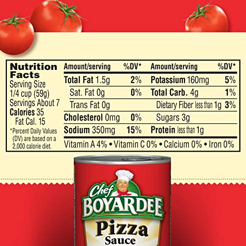Chef Boyardee Pizza Sauce with Cheese can back highlights nutrition information for informed choices