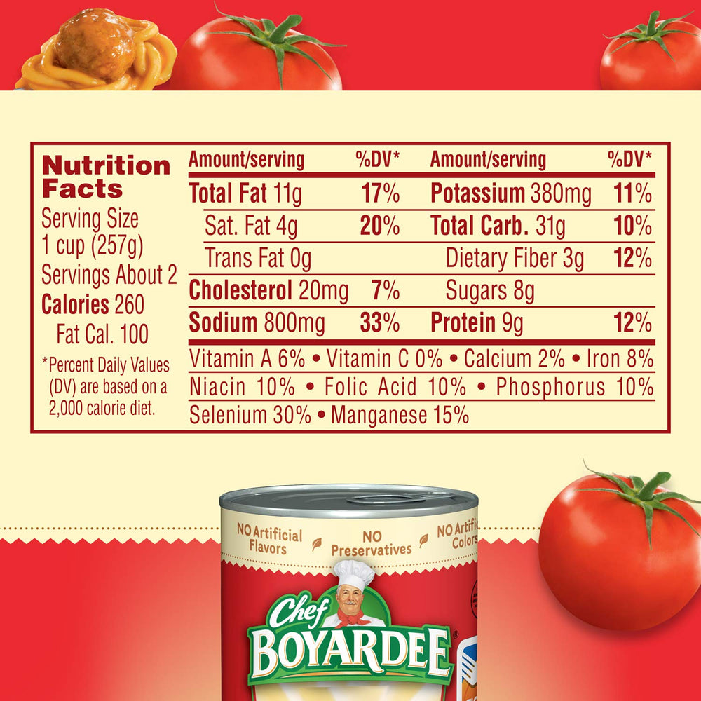 Chef Boyardee enriched pasta with meatballs in tomato sauce, ready fast