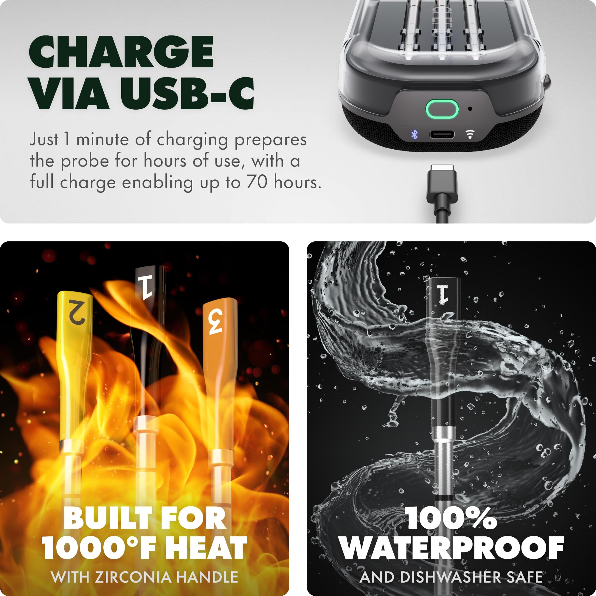 CHEF iQ Sense offers up to 70 hours of battery life for long cooks.