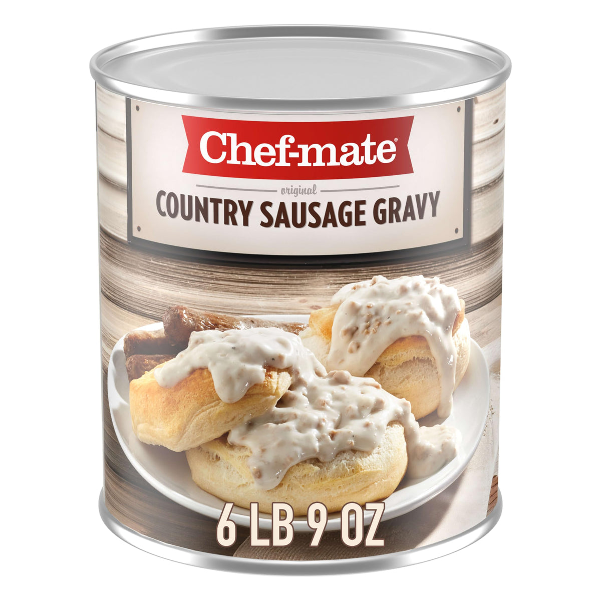 Chef-mate Country Sausage Gravy over biscuits, ready-to-serve breakfast classic.
