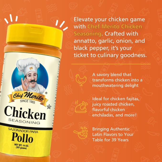 Chef Merito Chicken Seasoning jar adds aromatic garlic and onion notes.