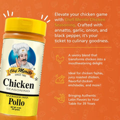 Chef Merito Chicken Seasoning jar adds aromatic garlic and onion notes.