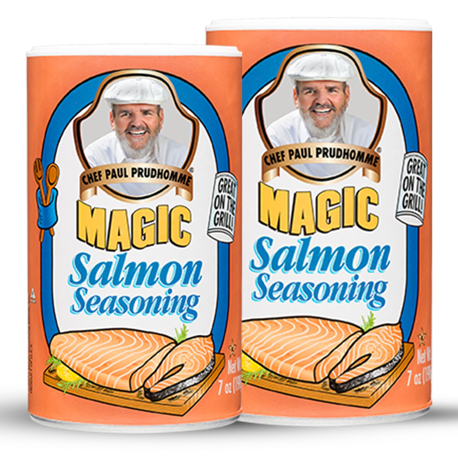 Chef Paul Prudhomme's Salmon Magic seasoning jar highlights bold seafood flavor.