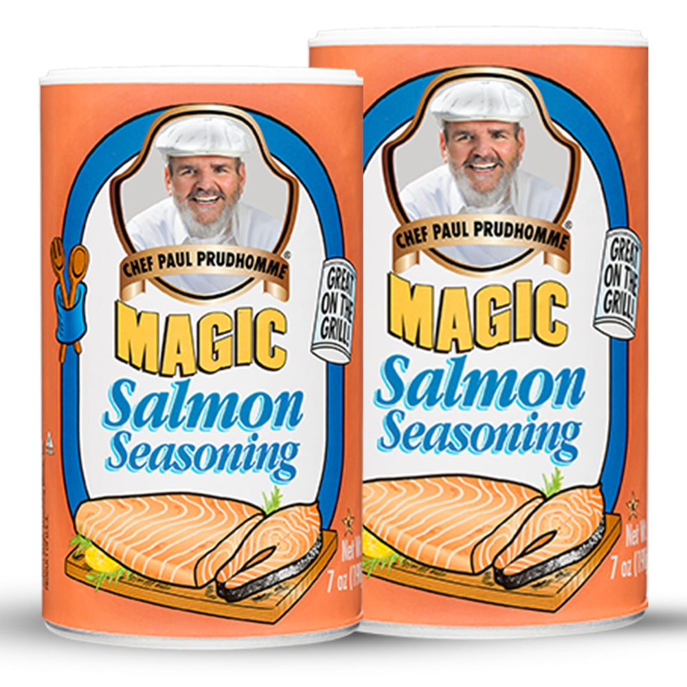 Chef Paul Prudhomme's Salmon Magic seasoning jar highlights bold seafood flavor.