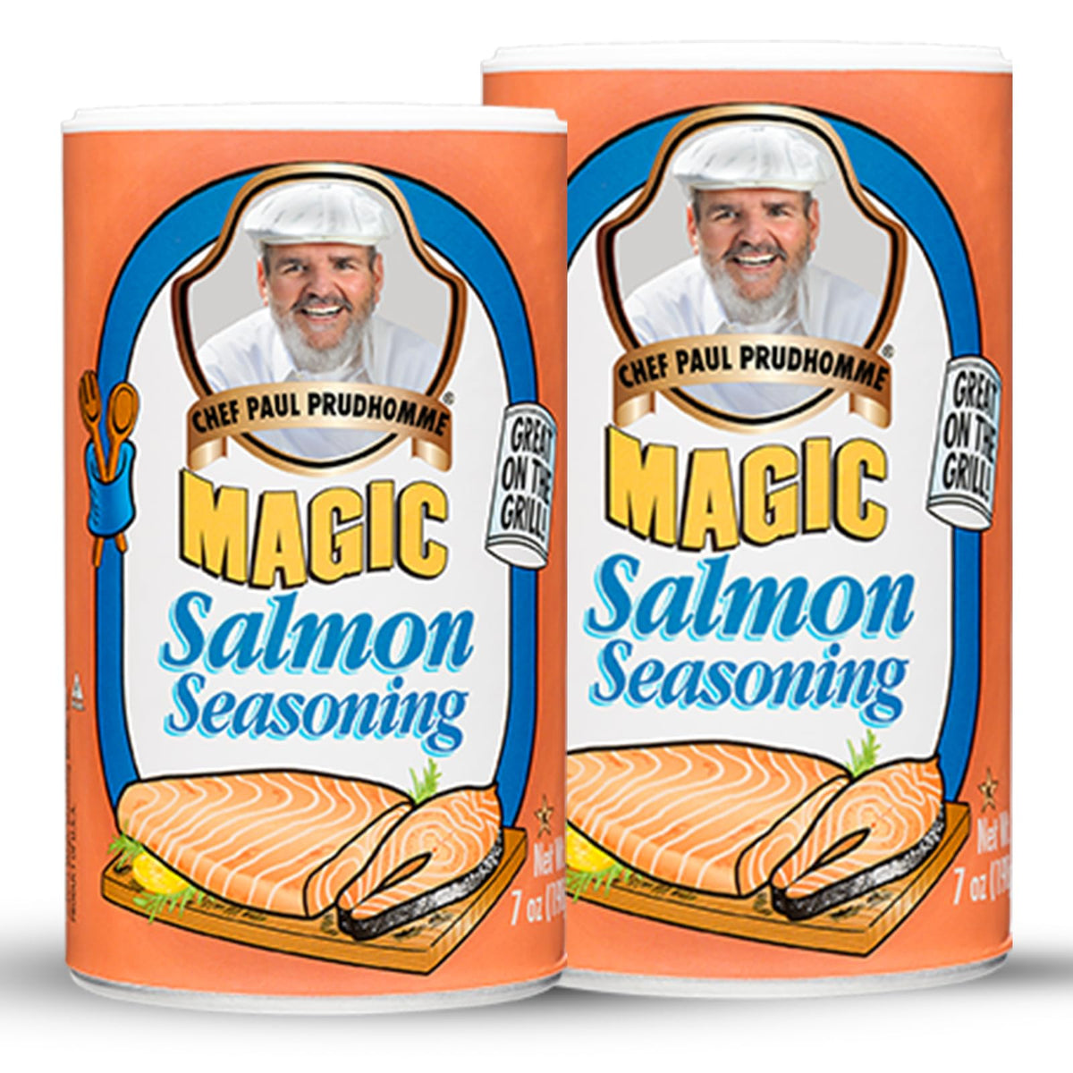 Chef Paul Prudhomme's Salmon Magic seasoning jar highlights bold seafood flavor.