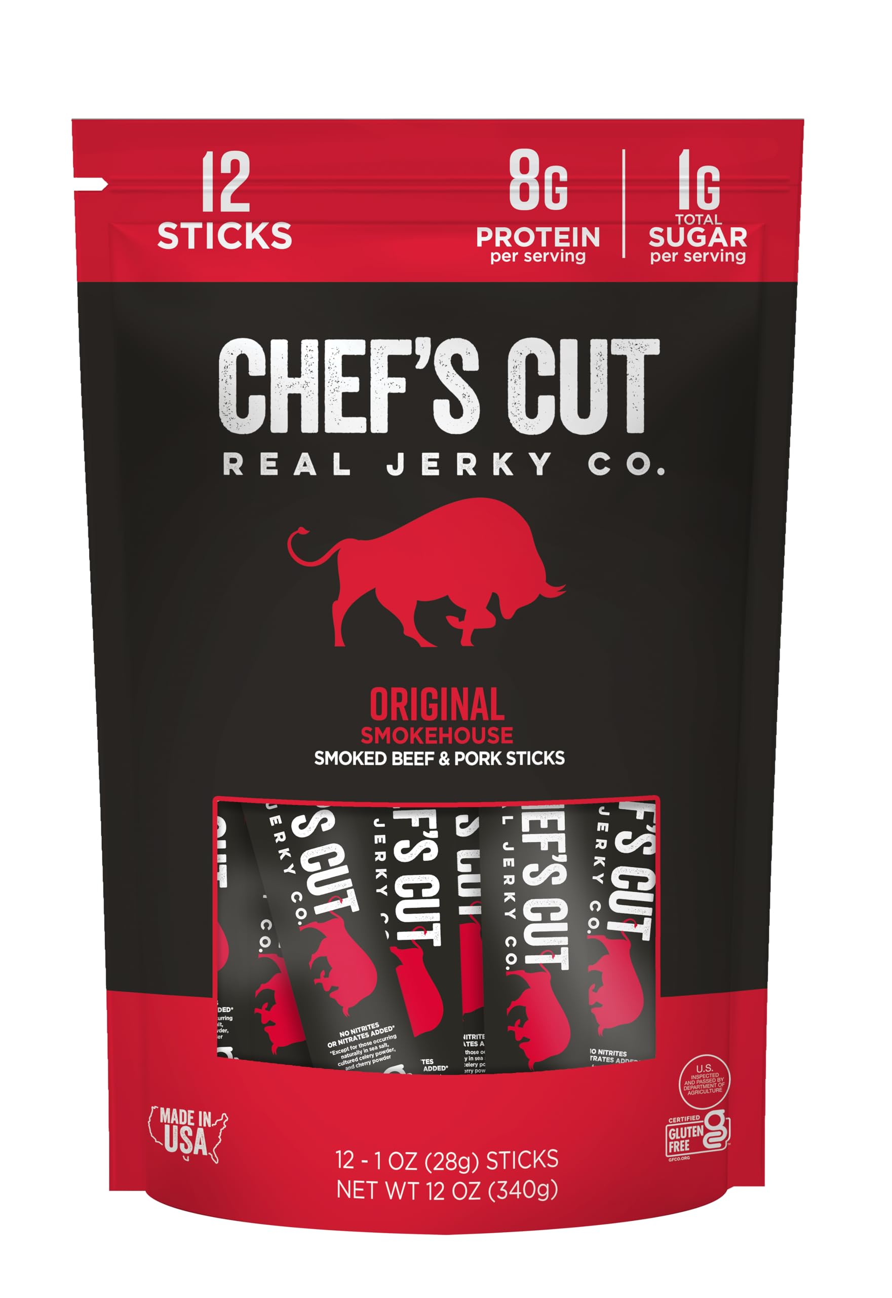 Chef’s Cut Real Jerky Original Smokehouse stick on display, high-protein snack for on-the-go fuel.