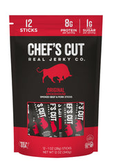 Chef’s Cut Real Jerky Original Smokehouse stick on display, high-protein snack for on-the-go fuel.