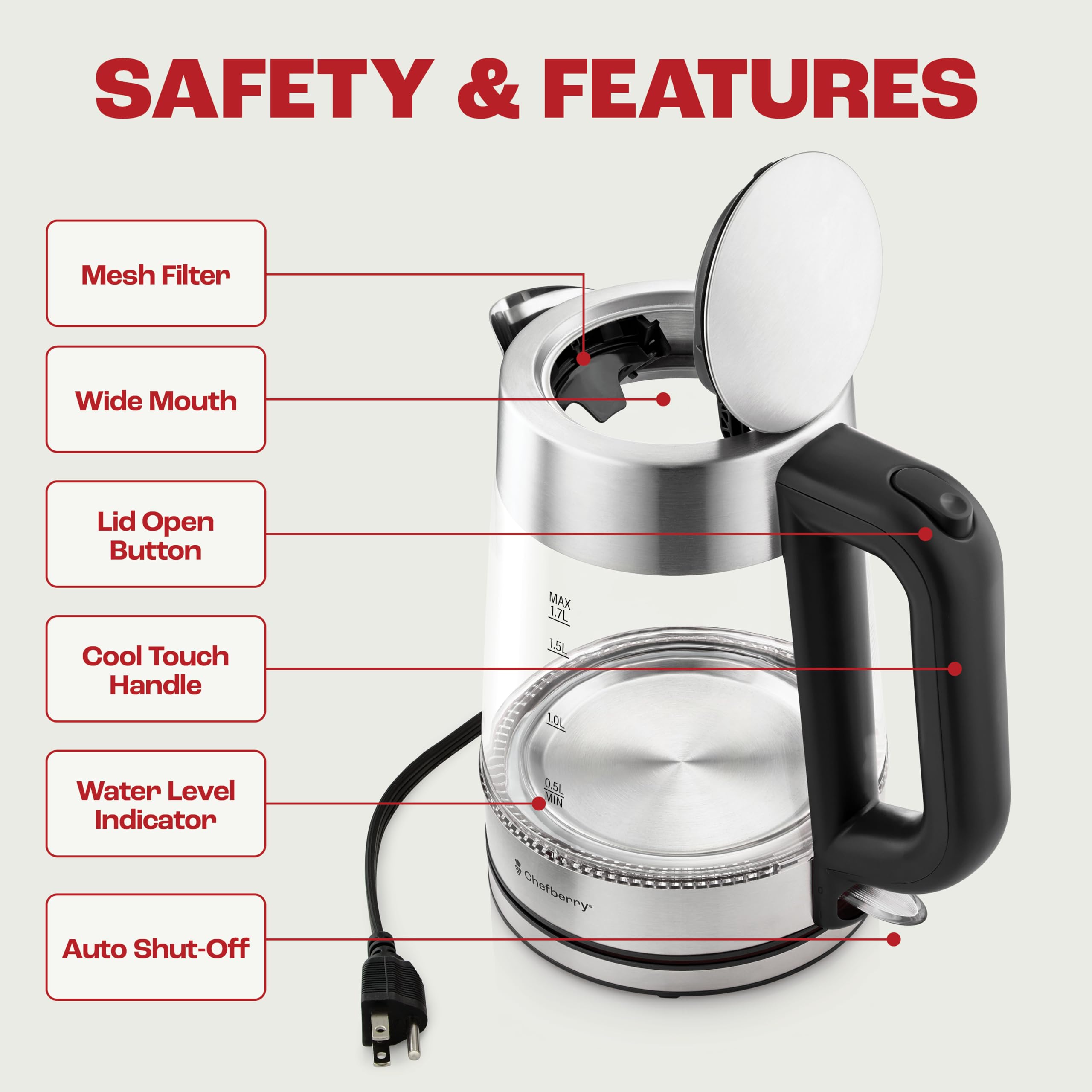 Chefberry kettle with 1500W rapid heat for fast beverages