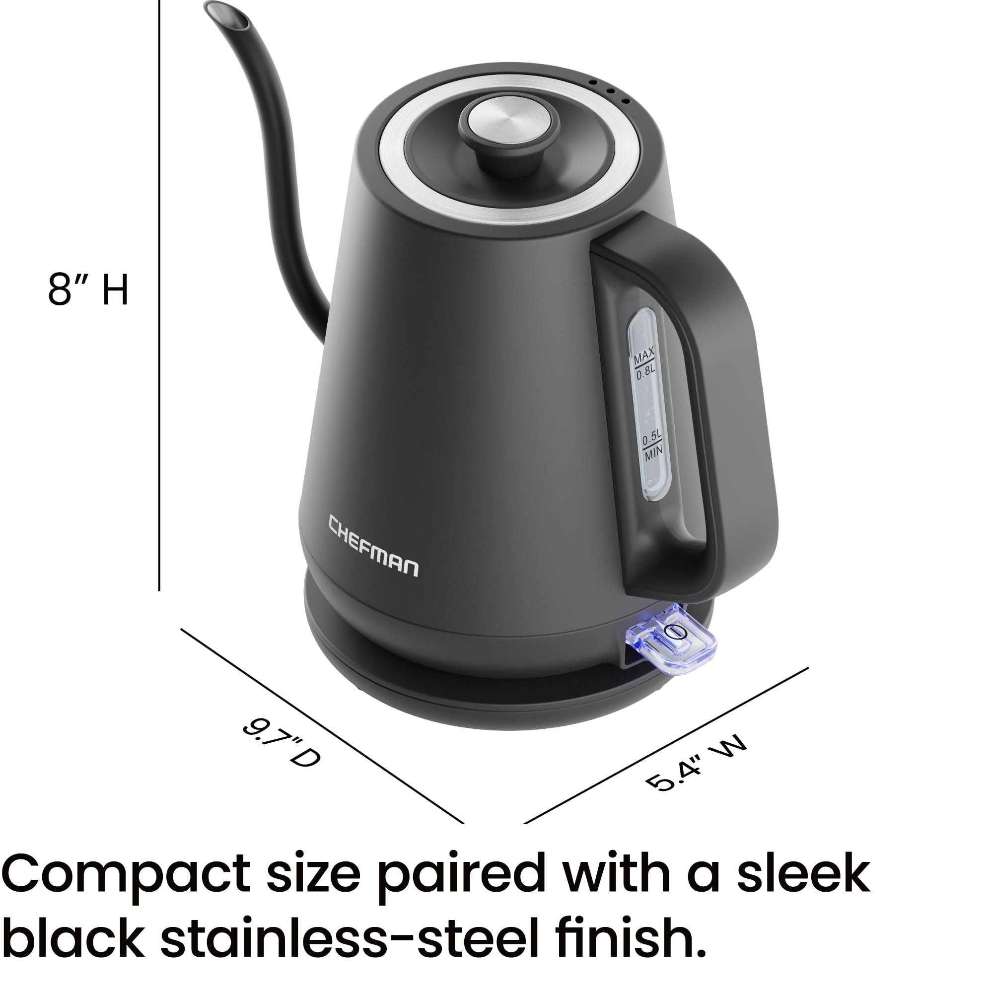 Chefman gooseneck kettle stainless-steel design on a kitchen counter