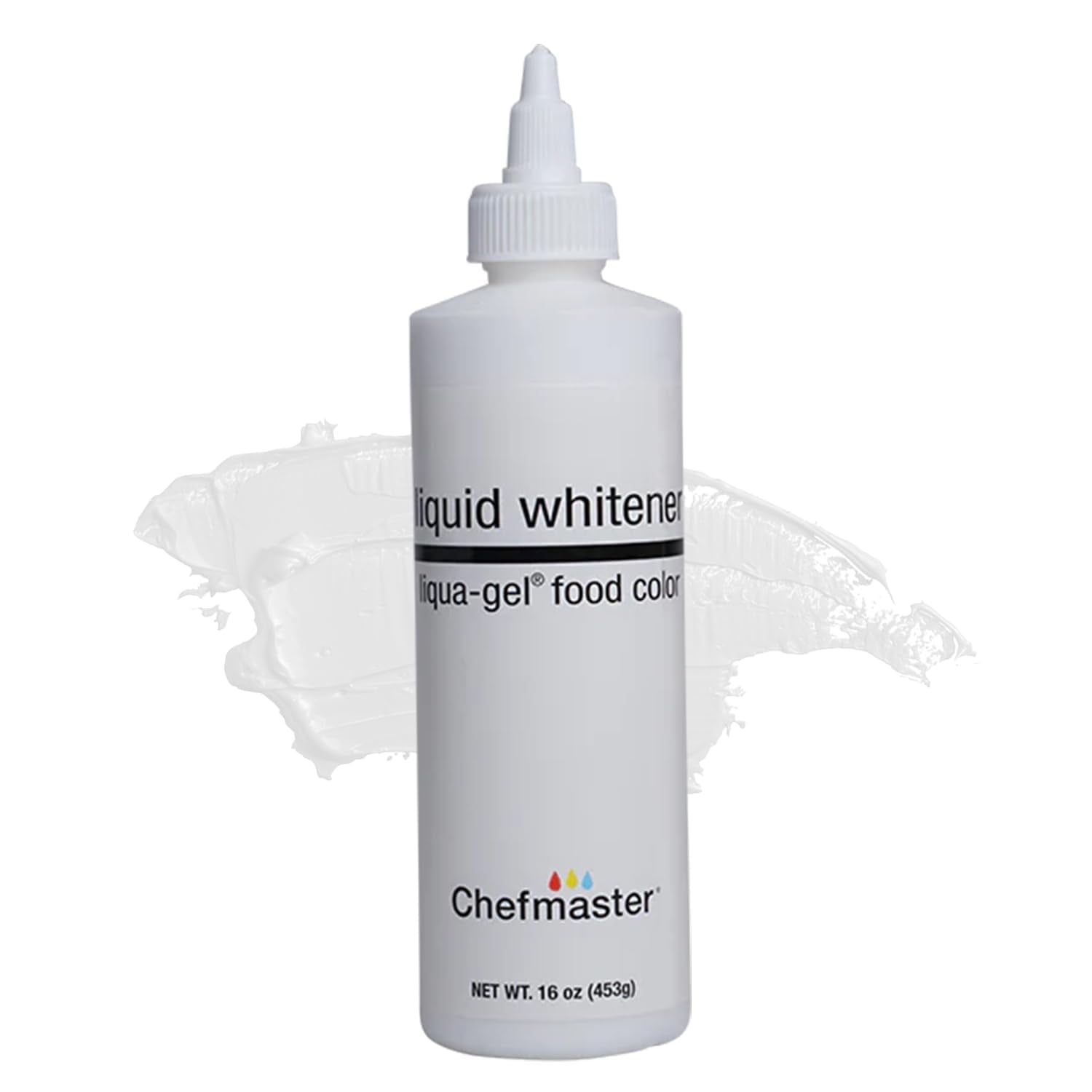 Chefmaster Liqua-Gel bottle drops for precise white color in royal icing.