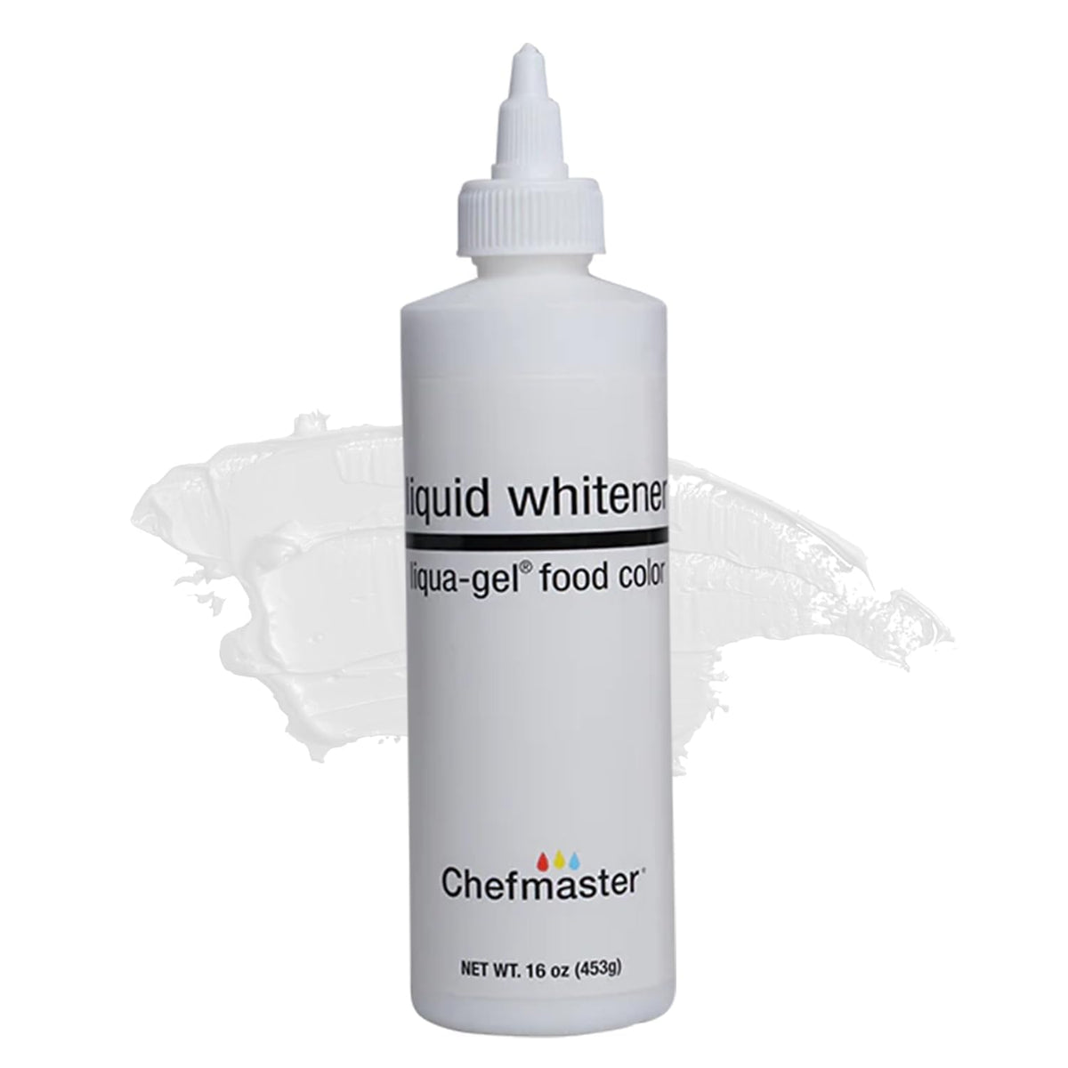 Chefmaster Liqua-Gel bottle drops for precise white color in royal icing.