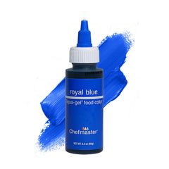 Chefmaster Liqua-Gel Royal Blue bottle front for vivid color in desserts.