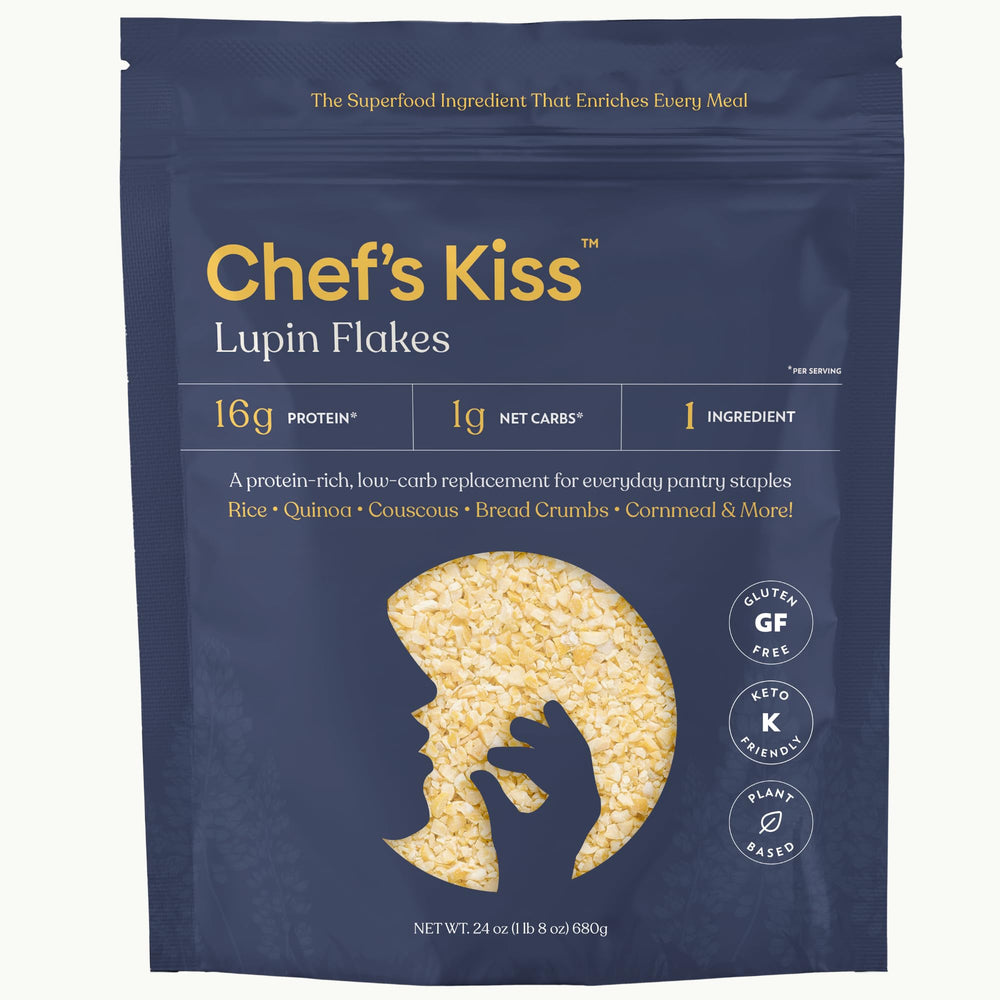 Chef's Kiss Lupin Flakes packaging front highlighting gluten-free and keto-friendly features.