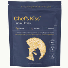 Chef's Kiss Lupin Flakes packaging front highlighting gluten-free and keto-friendly features.