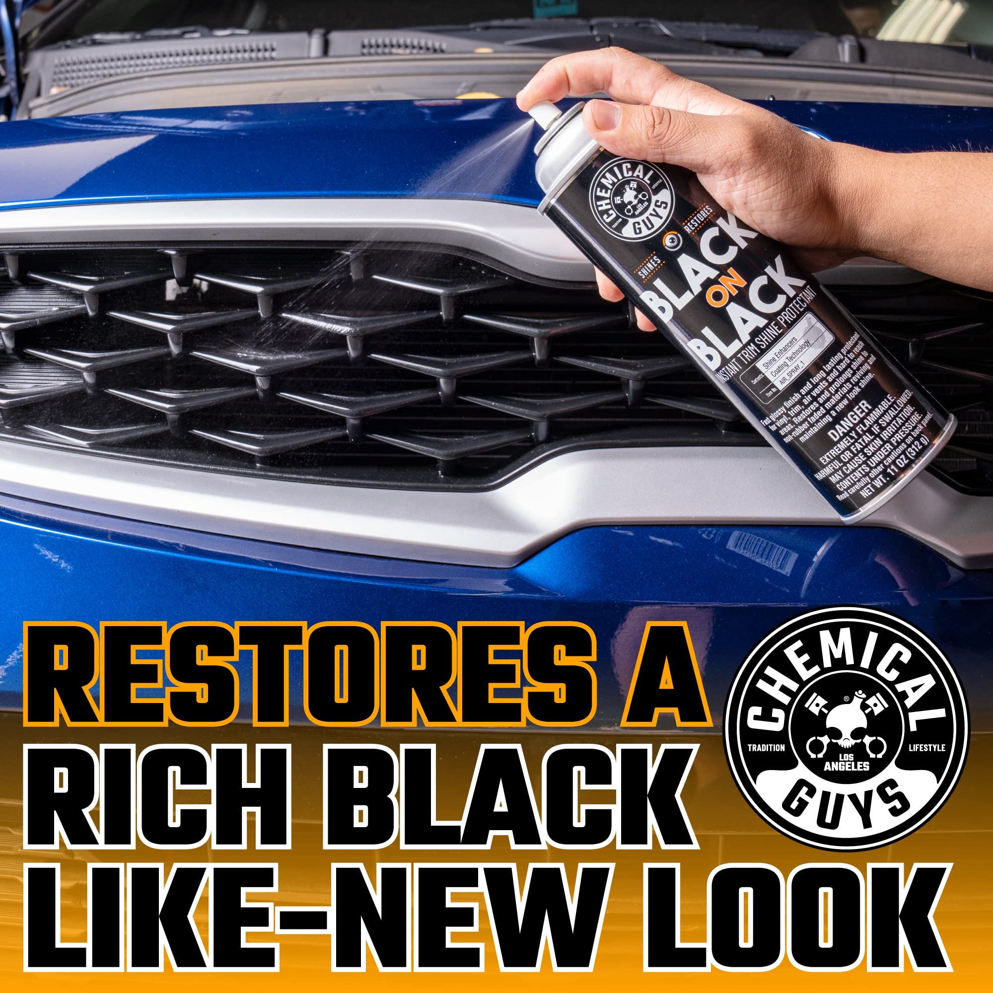 Chemical Guys Black On Black spray mist delivers even coverage on exterior trim.