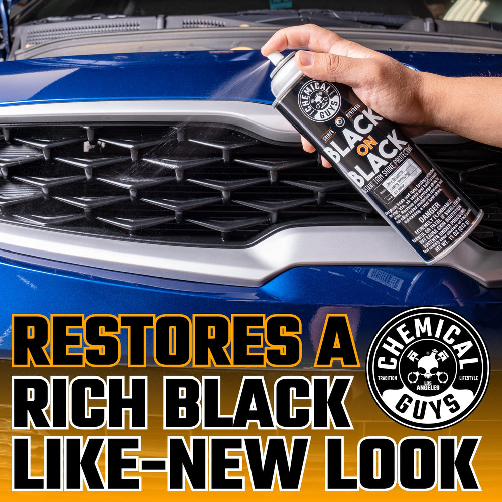 Chemical Guys Black On Black spray mist delivers even coverage on exterior trim.