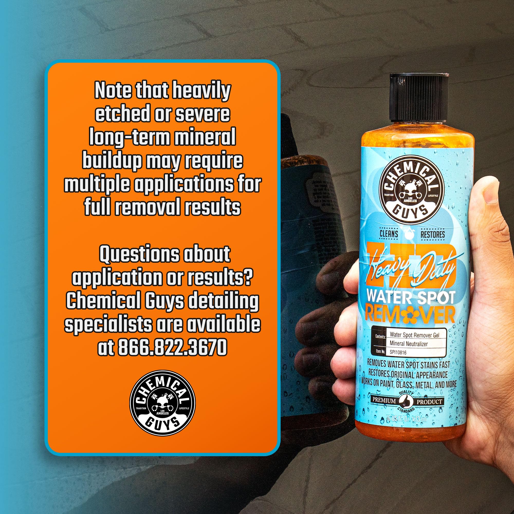 Chemical Guys Heavy Duty Water Spot Remover Gel after treatment preps surface for wax or coating.