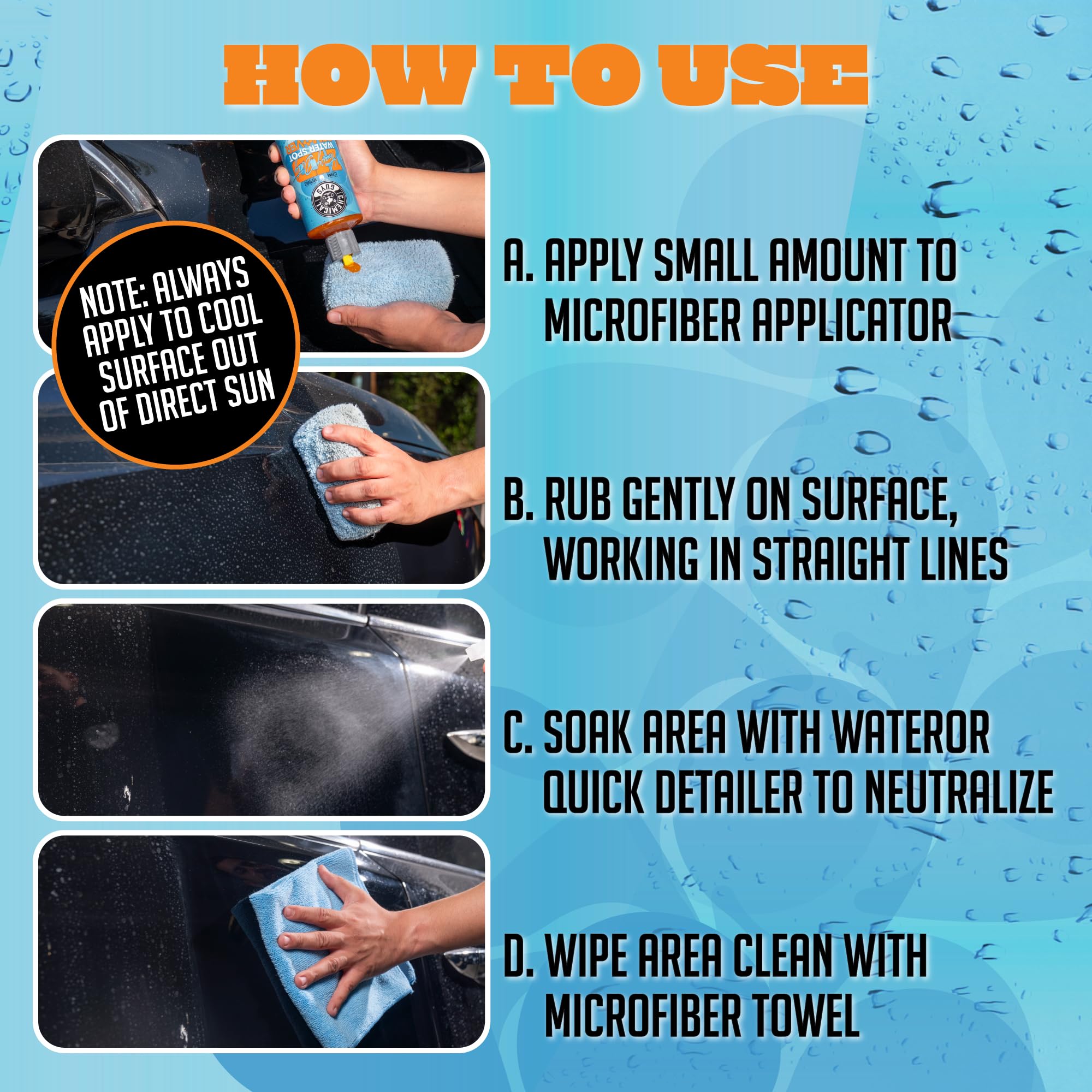 Chemical Guys Heavy Duty Water Spot Remover Gel on exterior surfaces removes mineral buildup.