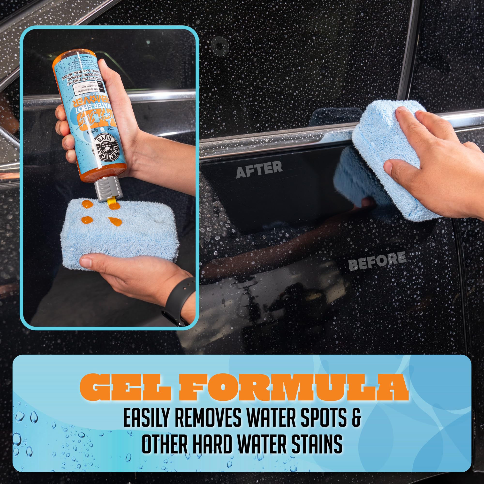 Chemical Guys Heavy Duty Water Spot Remover Gel on glass restores clarity by dissolving mineral stains.