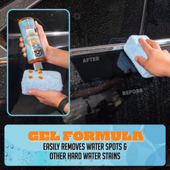Chemical Guys Heavy Duty Water Spot Remover Gel on glass restores clarity by dissolving mineral stains.