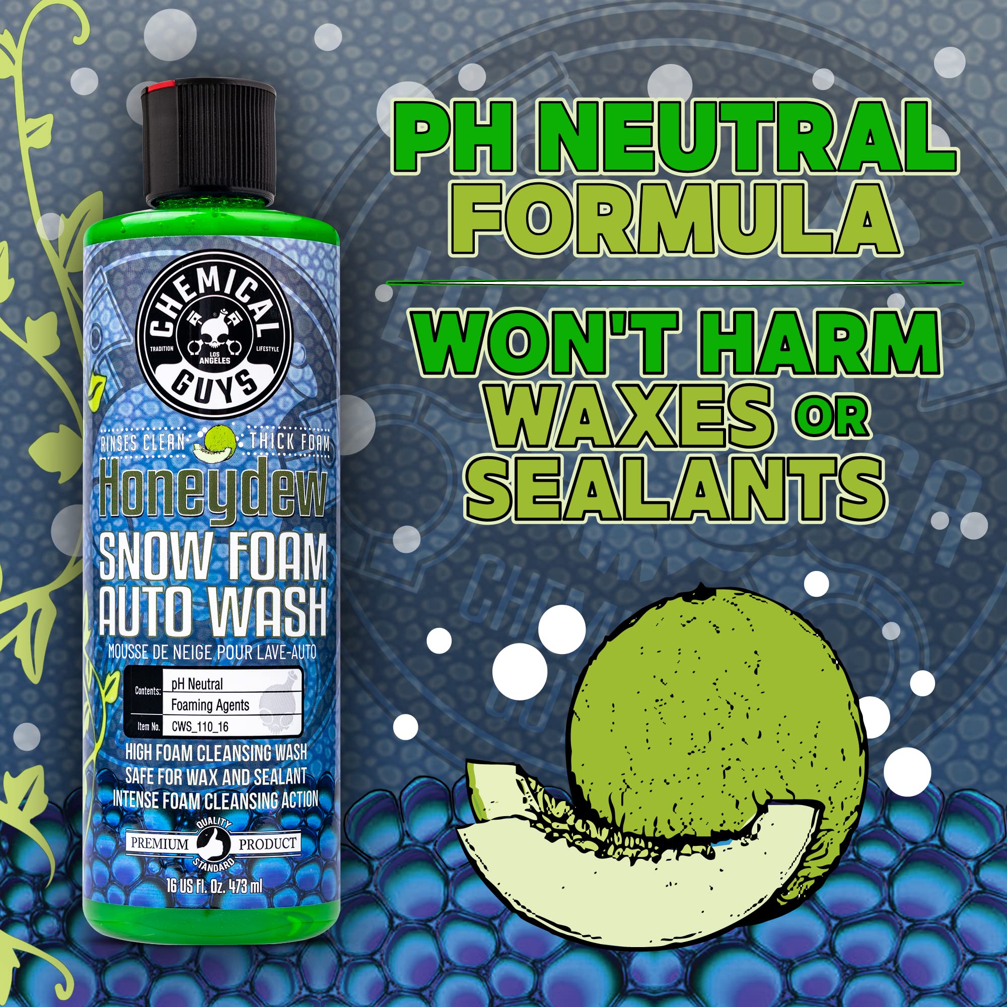 Chemical Guys Honeydew Snow Foam label close-up shows logo, scent, and usage notes.