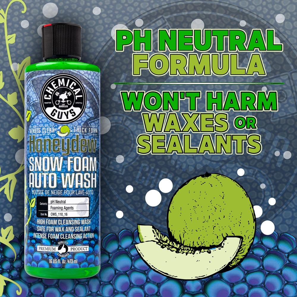 Chemical Guys Honeydew Snow Foam label close-up shows logo, scent, and usage notes.