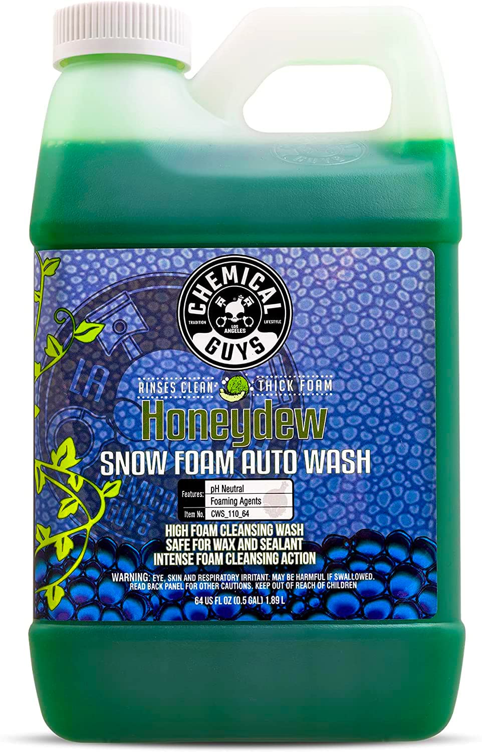 Chemical Guys Honeydew Snow Foam bottle pour shows thick, clingy foam for gentle dirt lifting.