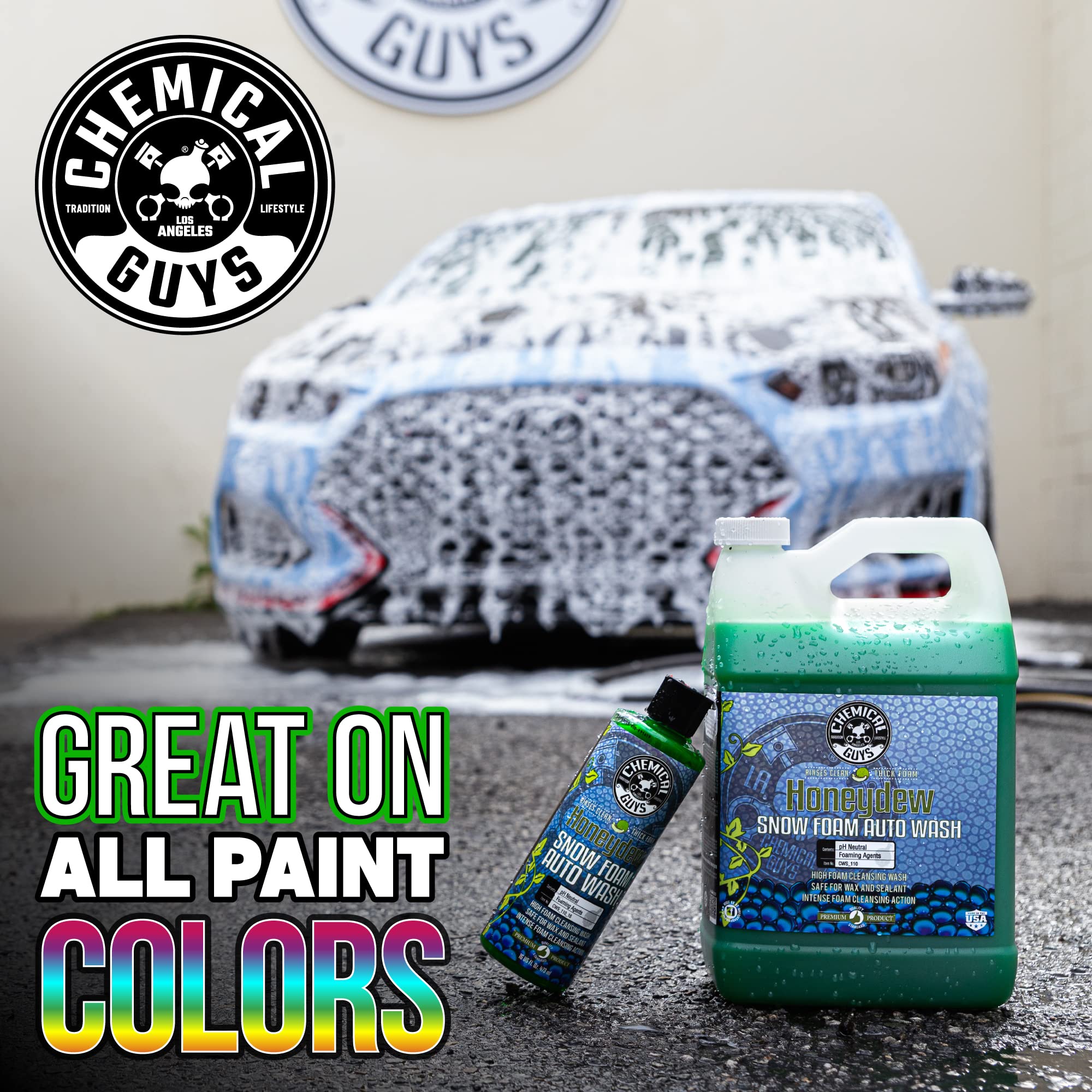 Chemical Guys Honeydew Snow Foam two-bucket wash illustrates safe, lubricated cleaning with minimal swirl.