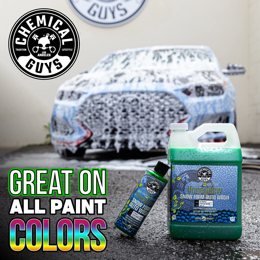 Chemical Guys Honeydew Snow Foam two-bucket wash illustrates safe, lubricated cleaning with minimal swirl.