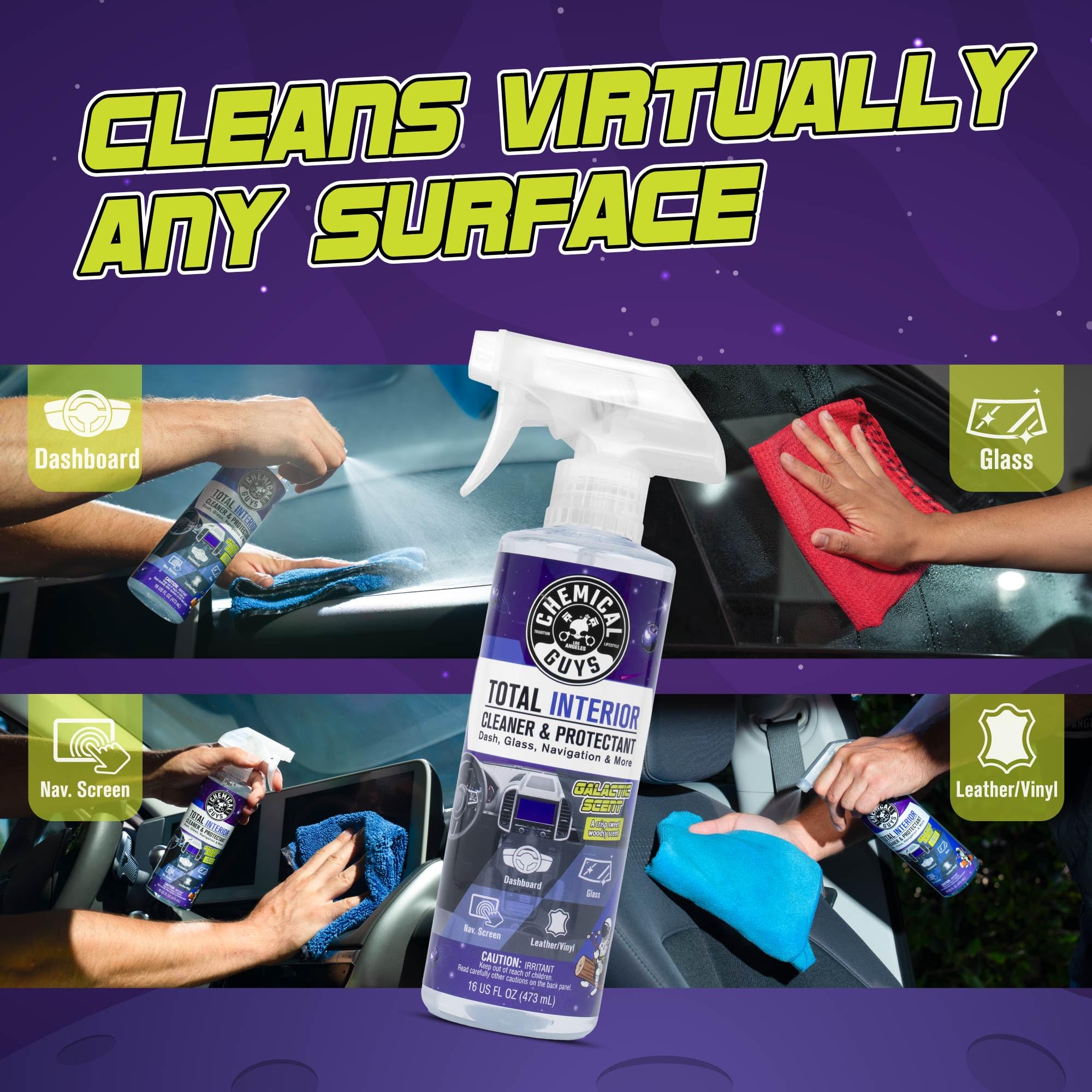 Chemical Guys Total Interior Cleaner & Protectant on glass for a clear, streak-free view.